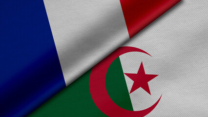 3D Rendering of two flags from French Republic and Republic of Algeria together with fabric texture, bilateral relations, peace and conflict between countries, great for background - obrazy, fototapety, plakaty