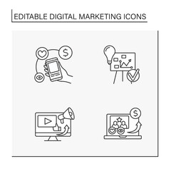 Digital marketing line icons set. Online marketing. Information technologies in management. Business concept. Isolated vector illustration. Editable stroke