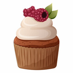 Cupcake with whipped cream and raspberries, leaf decor. Vector image of a cake on a transparent background. Elements of confectionery, baking, bakery, sweets.