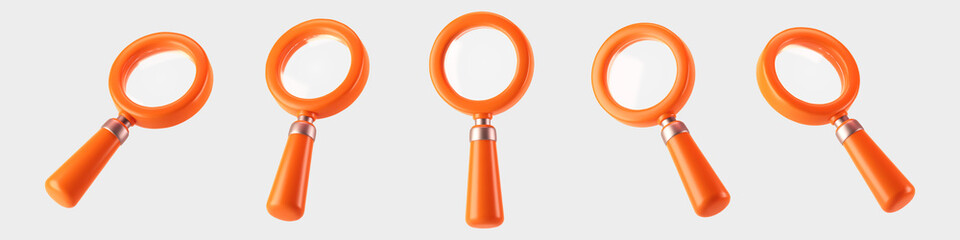 3d orange magnifying glass icon set isolated on gray background. Render minimal transparent loupe search icon for finding, reading, research, analysis information. 3d cartoon realistic vector