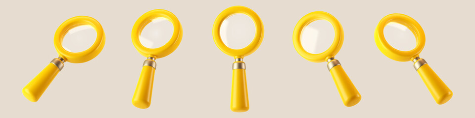 3d yellow magnifying glass icon set isolated on gray background. Render minimal transparent loupe search icon for finding, reading, research, analysis information. 3d cartoon realistic vector