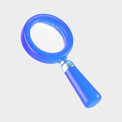 3d blue magnifying glass icon isolated on gray background. Render minimal transparent loupe search icon for finding, reading, research, analysis information. 3d cartoon realistic vector