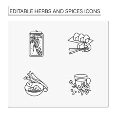  Herbs and spices line icons set. Herbs with special flavors. Rosemary, wasabi, celery and chicory. Botany concept. Isolated vector illustrations. Editable stroke