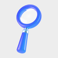 3d blue magnifying glass icon isolated on gray background. Render minimal transparent loupe search icon for finding, reading, research, analysis information. 3d cartoon realistic vector