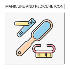 Tools color icon. Professional manicure instruments. Nail clippers, pedicure file and cleaning brush.Manicure and pedicure concept. Isolated vector illustration