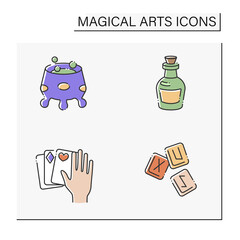 Magical arts color icons set. Brewing potion, love and death potion, magic trick, rune stones. Rituals concept. Isolated vector illustration