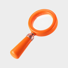 3d orange magnifying glass icon isolated on gray background. Render minimal transparent loupe search icon for finding, reading, research, analysis information. 3d cartoon realistic vector