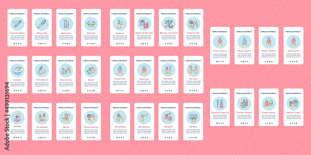 Poster cosmetology onboarding mobile app. spa procedures. manicure and pedicure steps menu. set of ui, ux, 