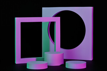 Purple cylindrical platforms and vertical frames on black background