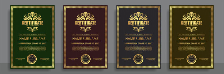 Certificate Design. Diploma currency border template. Dark colored gift voucher award background.