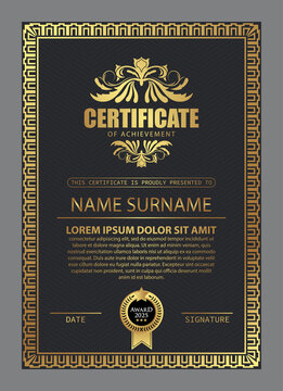 Certificate Design. Diploma Currency Border Template. Dark Colored Gift Voucher Award Background.