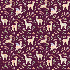 Seamless (surface) pattern with cute alpacas (llama) and floral elements.