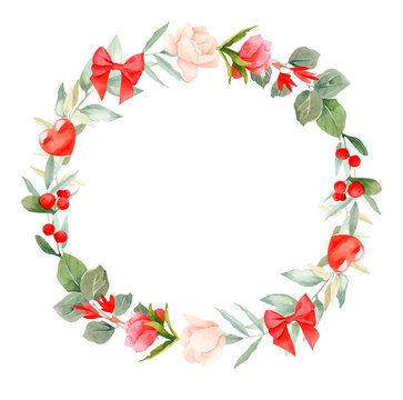 Valentines Day floral wreath (frame, border) with bright red and beige flowers.