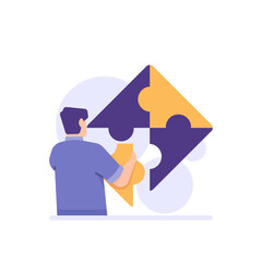 business development, brainstorming, business process.
Businessman assembles or connects puzzle pieces. problem and solution. flat cartoon. concept design. ui, element, landing page