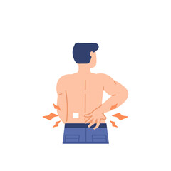 back or lumbar pain, waist pain, gout, rheumatism, muscle aches. illustration of a man using a patch to relieve back pain. health problems. flat cartoon. character design. element
