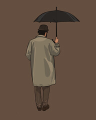 Man in a long raincoat and a hat holding an umbrella - brown background