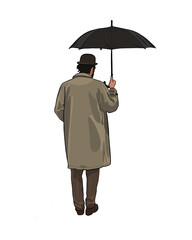 Man in a long raincoat and a hat holding an umbrella - white background