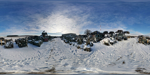 Disassembled cars on a car dump are on sale for spare parts. Full seamless spherical hdr panorama...