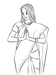 India woman welcome gesture Outline People Cartoon Illustration