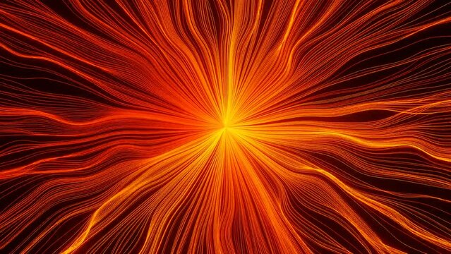 Rotating and wriggling yellow and orange rays like hair or the sun on black background. 3d loop motion graphic abstract render