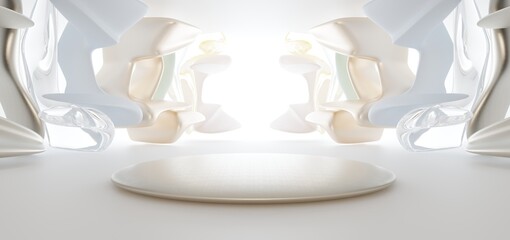 Luxury parametric abstract architectural minimalistic background. Contemporary showroom. Modern colored glass exhibition tunnel. Empty gallery. Backlight. 3D illustration and rendering.