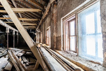 Interior of Old abandoned warehouse, window light