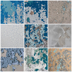 Set of peeling paint textures. Old concrete walls with cracked flaking paint. Weathered rough...