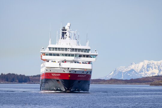 The coastal route Ms Nordkapp arrives at Brønnøysund harbor on the south bound,Northern Norway,scandinavia,Europe	