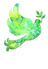 watercolor silhouette of a peace dove with a twig in its beak on a white background