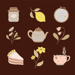 Hand drawn tea time with cute cake sliced, lemon, and honey