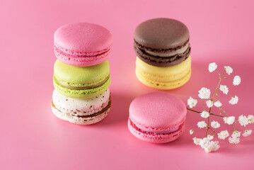 Stack of Fresh French Macaroon Cookies Served on Pink Background with Small White Flowers