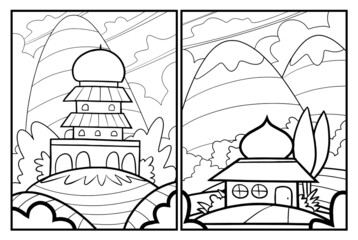 Beautiful mosque with mountain background coloring page