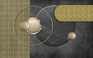 Fototapety  3d abstract wallpaper art. golden decorative and black marble and lines in dark background
