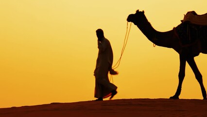 Cameleers, camel Drivers at sunset. Thar desert on sunset Jaisalmer, Rajasthan, India.