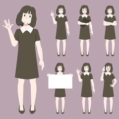 Young woman working and difference pose set character. Flat cartoon vector design.