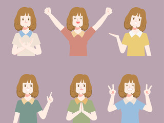 Set of young woman happy and exciting character gesture pose. Flat cartoon vector design.