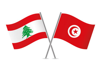 Lebanon and Tunisia crossed flags. Lebanese and Tunisian flags on white background. Vector icon set. Vector illustration.
