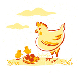 A hen is raising her chicks, next to a nest with eggs, vector illustration, can be used for children's book design