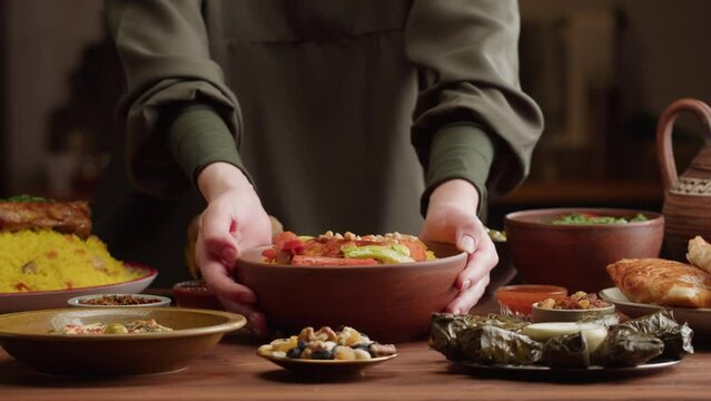Grilled vegetables close-up, Muslim family dinner, Ramadan, iftar. Mediterranean and Arabian cuisine. Religious holiday, holy month. Worship and culture. Traditional Eastern Halal food.