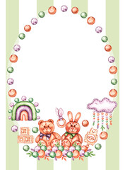 Watercolor postcard for kids with rattles, plush toys and geometric patterns