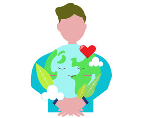 地球にハグする男性 ハートと平和 環境 ベクターイラスト