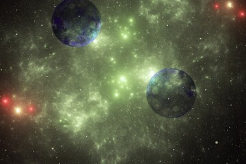 Green red clouds of cosmic dust in black space. Abstract image. 3D fractal rendering