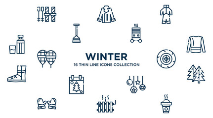 concept of 16 winter outline icons such as ski equiptment, snowsuit, electric heater, turtleneck sweater, winter tire, fir, bauble, heater, hot drink vector illustration.