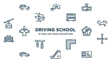 concept of 16 driving school outline icons such as 4x4, rear-view mirror, double decker bus, small plane, no liquid, cross wrench, broken line, or down, driving pass vector illustration.