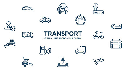 concept of 16 transport outline icons such as sportive car, air traffic controller, right, monorail, electric bike, departure, mini truck, luggage scan, watercraft vector illustration.