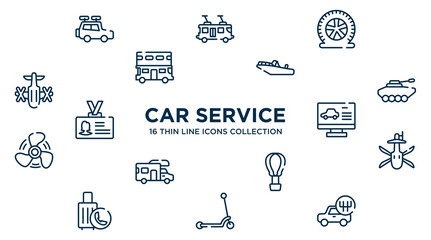 concept of 16 car service outline icons such as travel baggage, flat tire, motorboat, armored vehicle, computer test, military helicopter bottom view, hot air, kick, shift vector illustration.