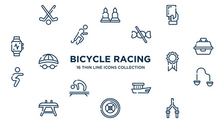 concept of 16 bicycle racing outline icons such as field hockey, yellow card, no sweets, tackle box, first place, resistance band, fishing boat, weight plates, bicycle fork vector illustration.