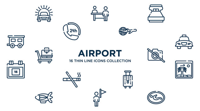concept of 16 airport outline icons such as car in front of the sun, king size, travelling around the world, taxi transportation, no photos, vacation images, bag for travel, tourist guide, nursing