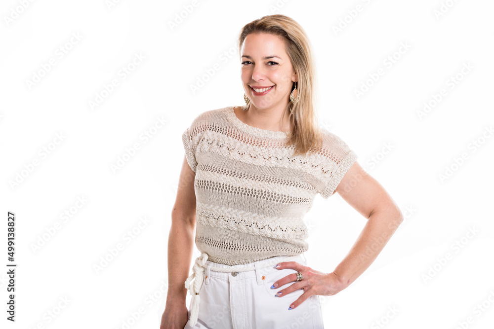 Wall mural Portrait of happy 40 woman over white background