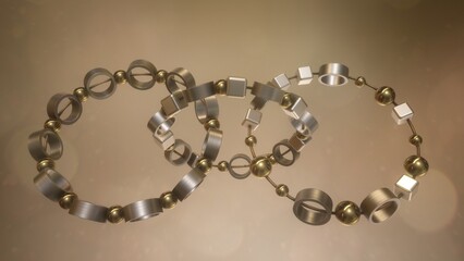 Animazione 3D con anelli con sfere e cubetti legati da un filo con colore oro ed argento © albasu